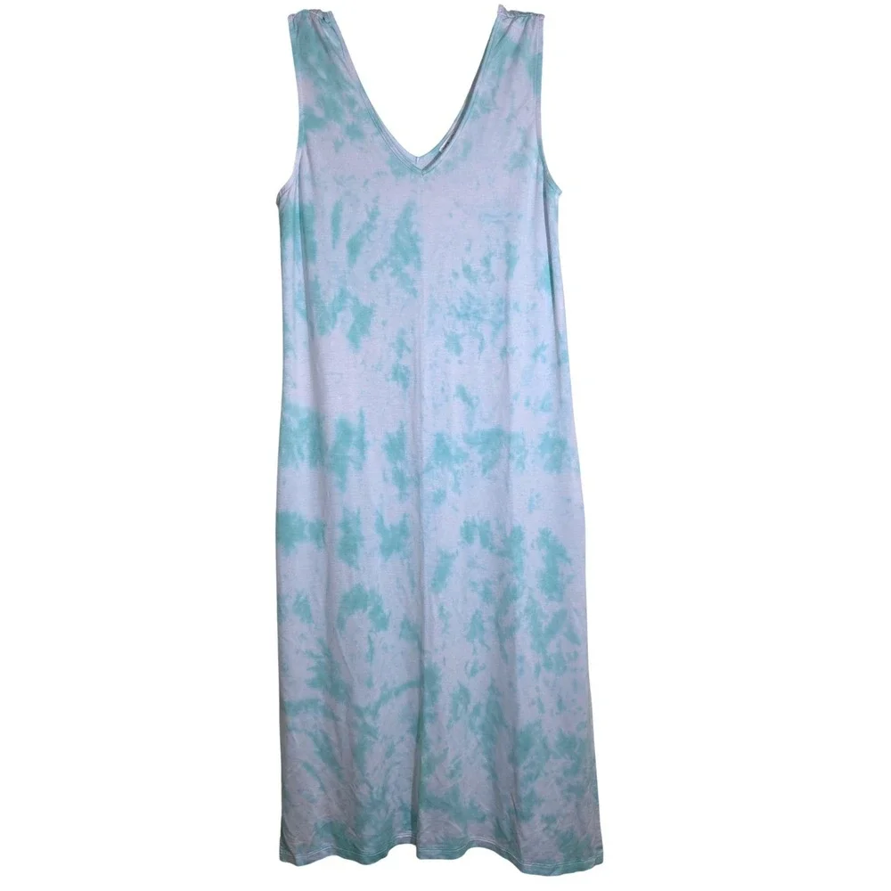 Beach Break Tie Dye Maxi Swim Cover Up Womens Large Aqua White Sleeveless EUC